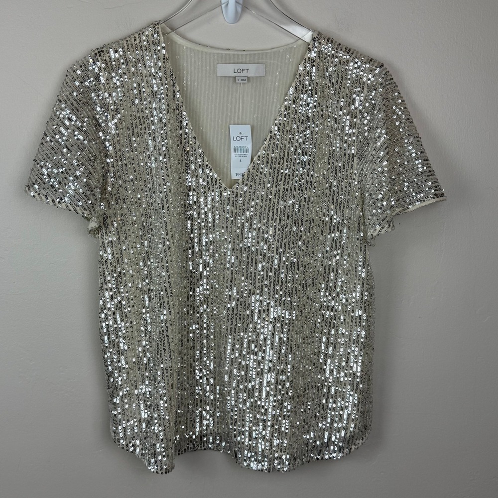 LOFT Sequin Blouse Women S Silver V-Neck Short Sleeve Shimmer Top NYE Gatsby NWT